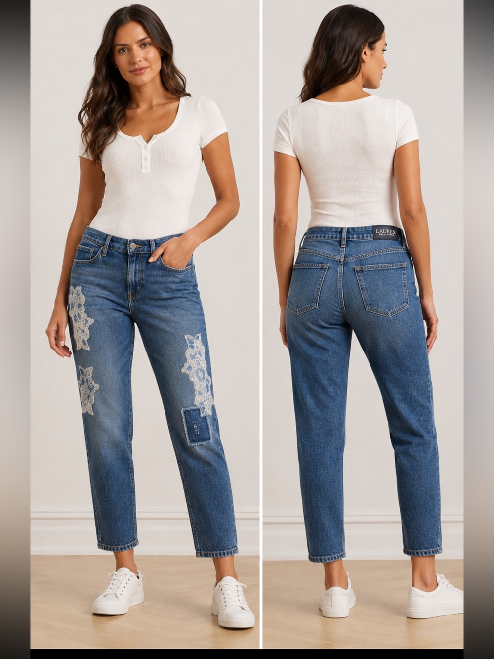Lauren Ralph Lauren Dark Blue Denim Boyfriend Jeans with White Lace Appliqué